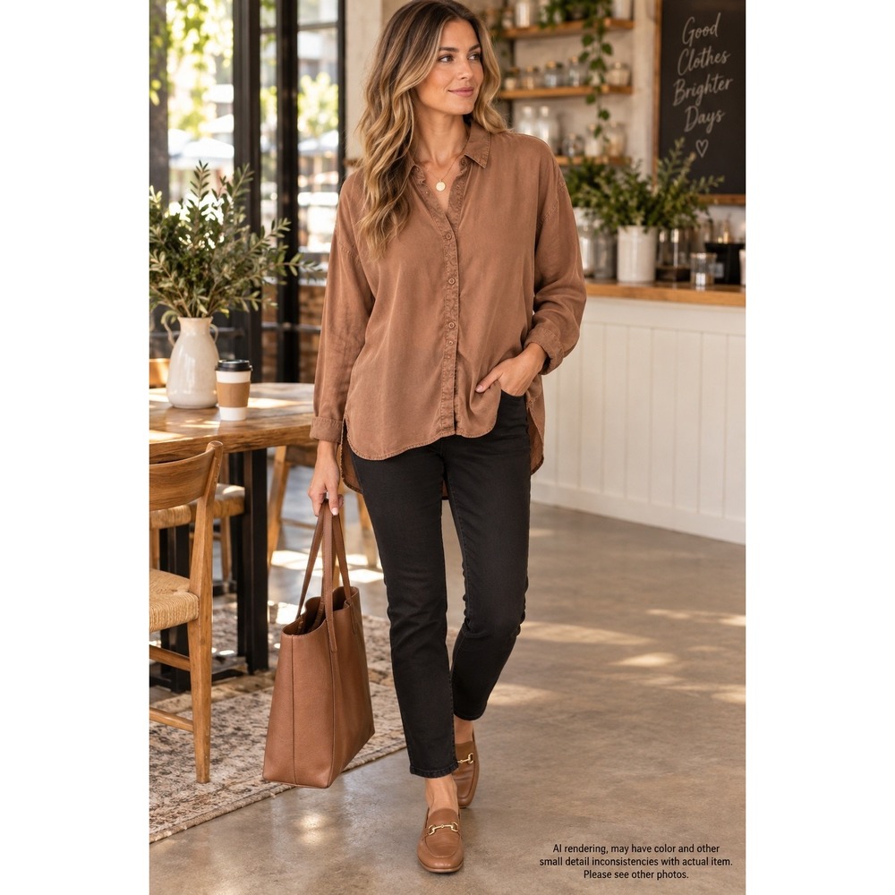 Cloth & Stone Small Button Front Shirt Brown Tencel Relaxed High Low Hem C4187